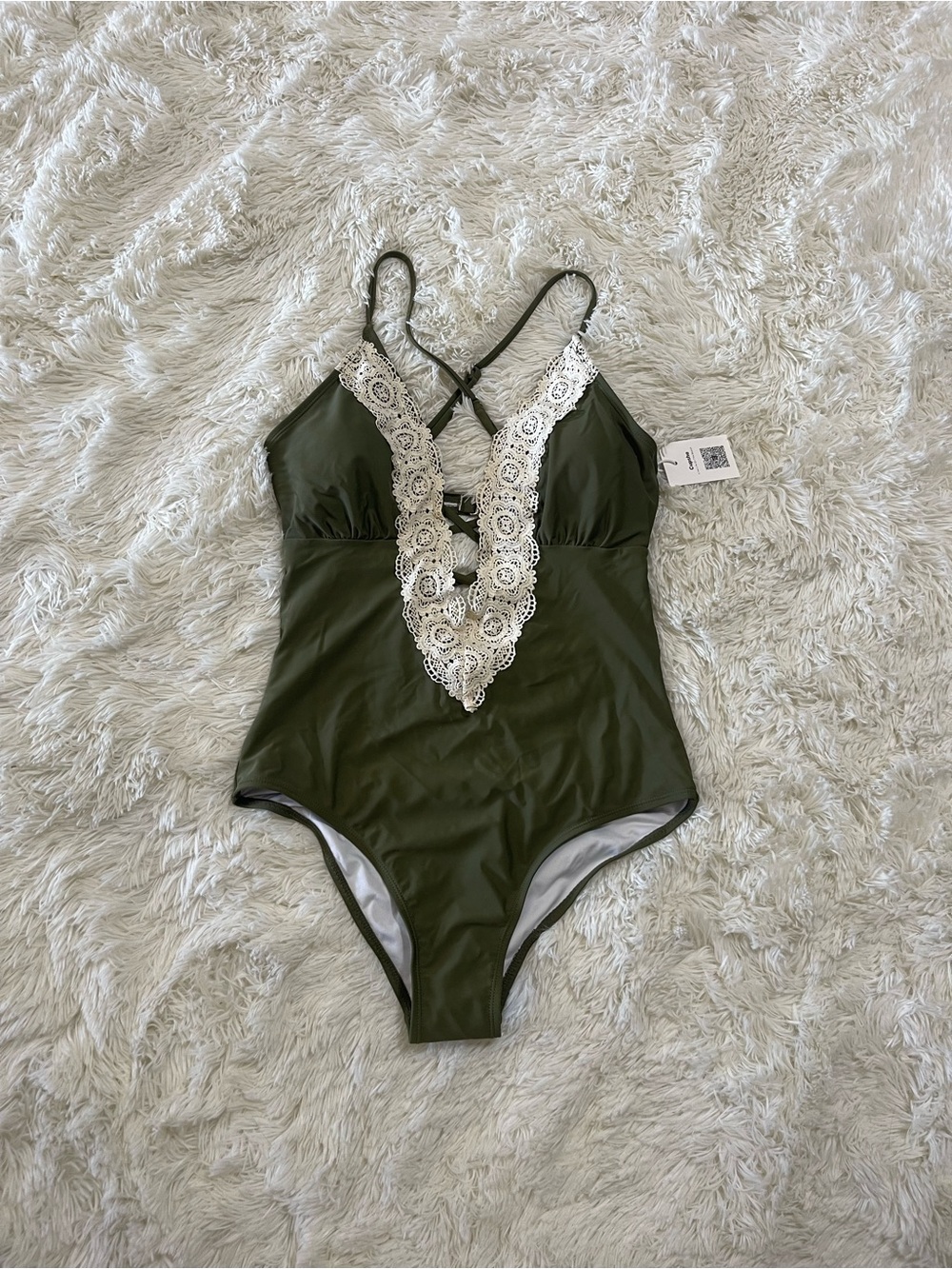 Cupshe Olive Green One-Piece Swimsuit with White Lace V-Neck